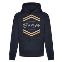 Cool Flo Chevron navy blue hoodie with cream and yellow chest print