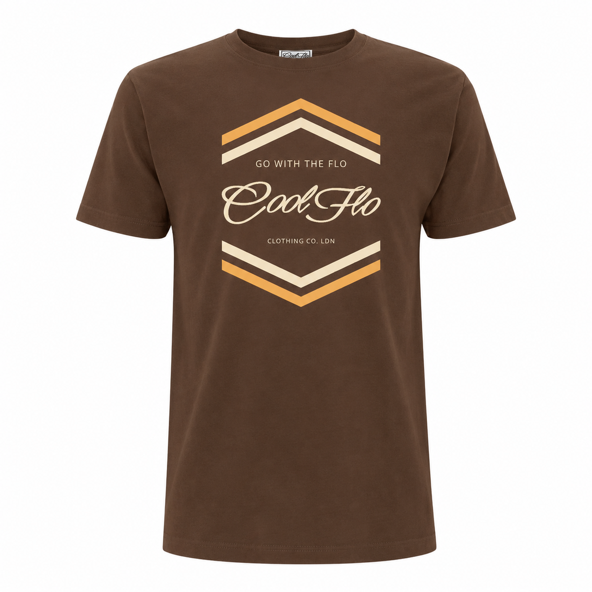 Cool Flo 'Chevron' mocha t-shirt with a cream and golden-yellow chest print.
