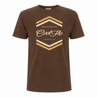 Cool Flo 'Chevron' mocha t-shirt with a cream and golden-yellow chest print.