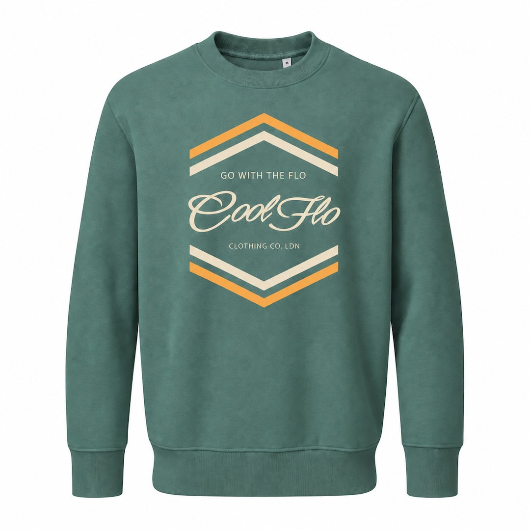 Cool Flo Chevron green sweatshirt with yellow and cream chest print