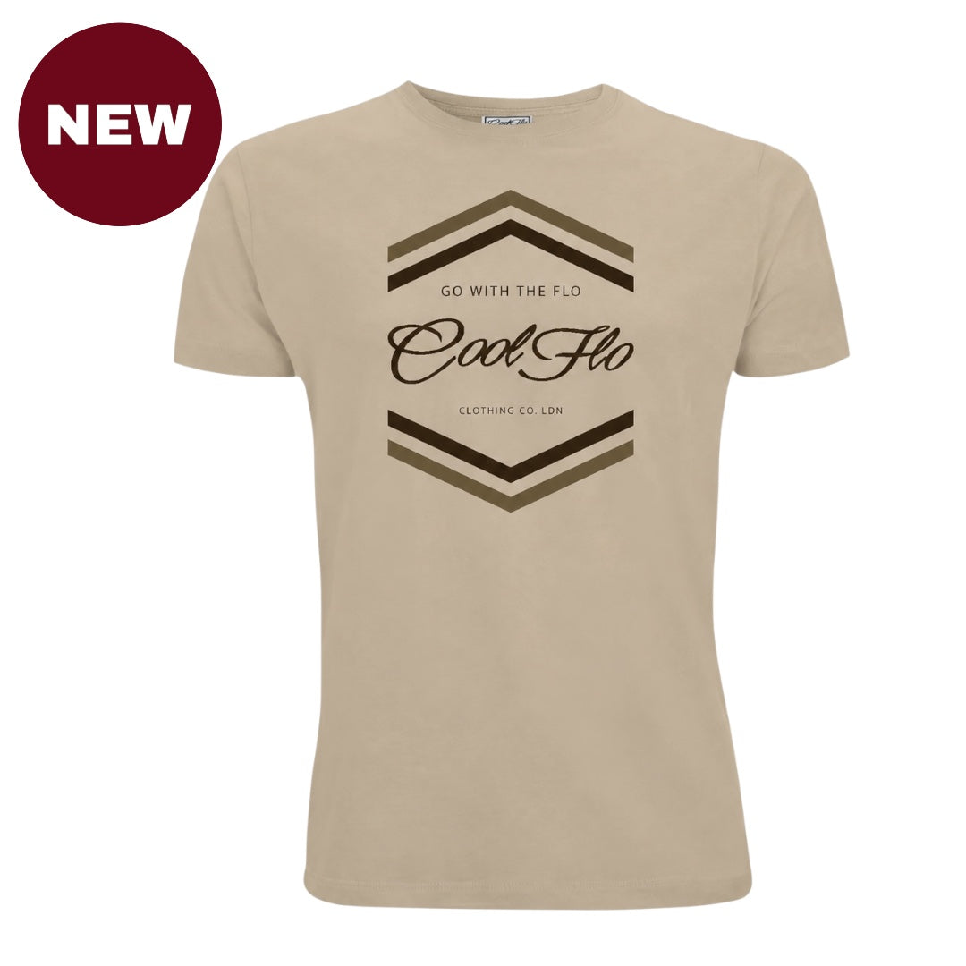 Cool Flo 'Chevron' stone t-shirt with two-tone brown chest print.