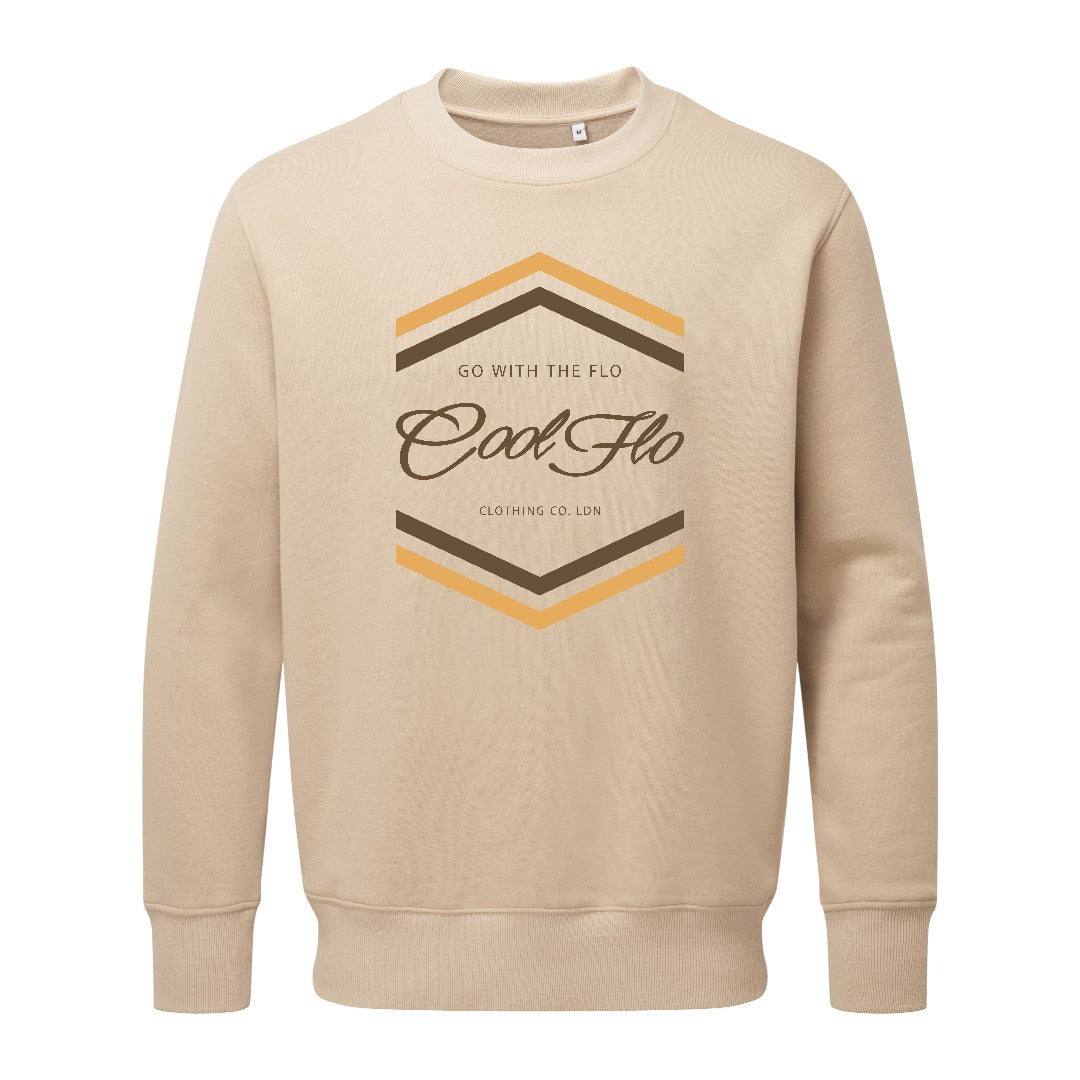 Cool Flo Chevron sand sweatshirt with brown and yellow-orange chest print design.