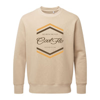 Cool Flo Chevron sand sweatshirt with brown and yellow-orange chest print design.