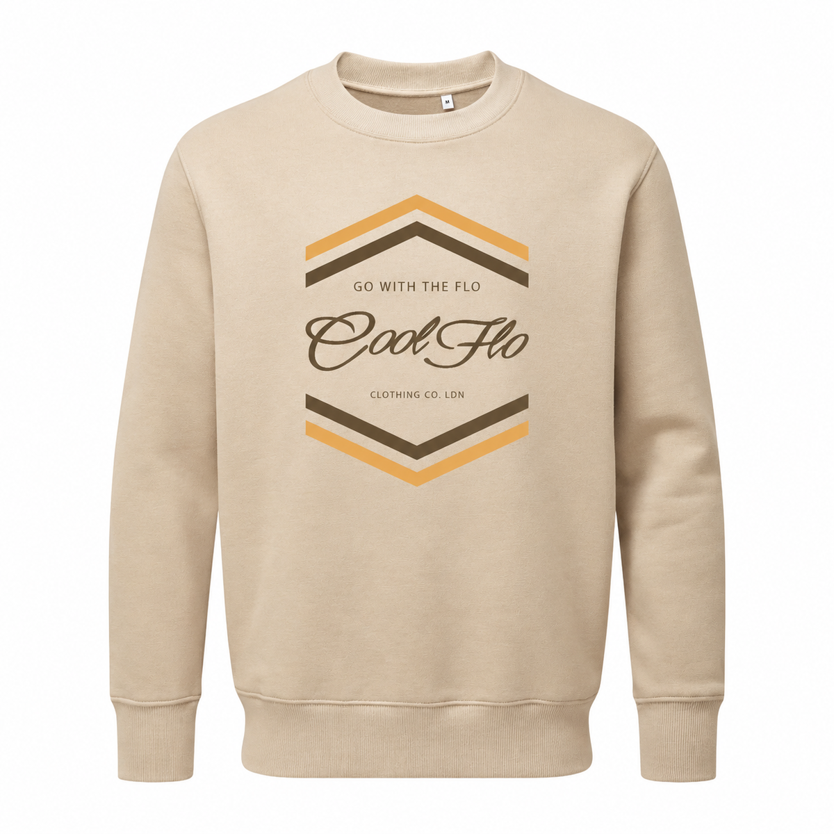 Cool Flo Chevron sand sweatshirt with brown and yellow-orange chest print design.