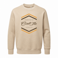 Cool Flo Chevron sand sweatshirt with brown and yellow-orange chest print design.