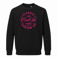 Cool Flo Classic Custom Co black sweatshirt with bold fuschia pink print design.