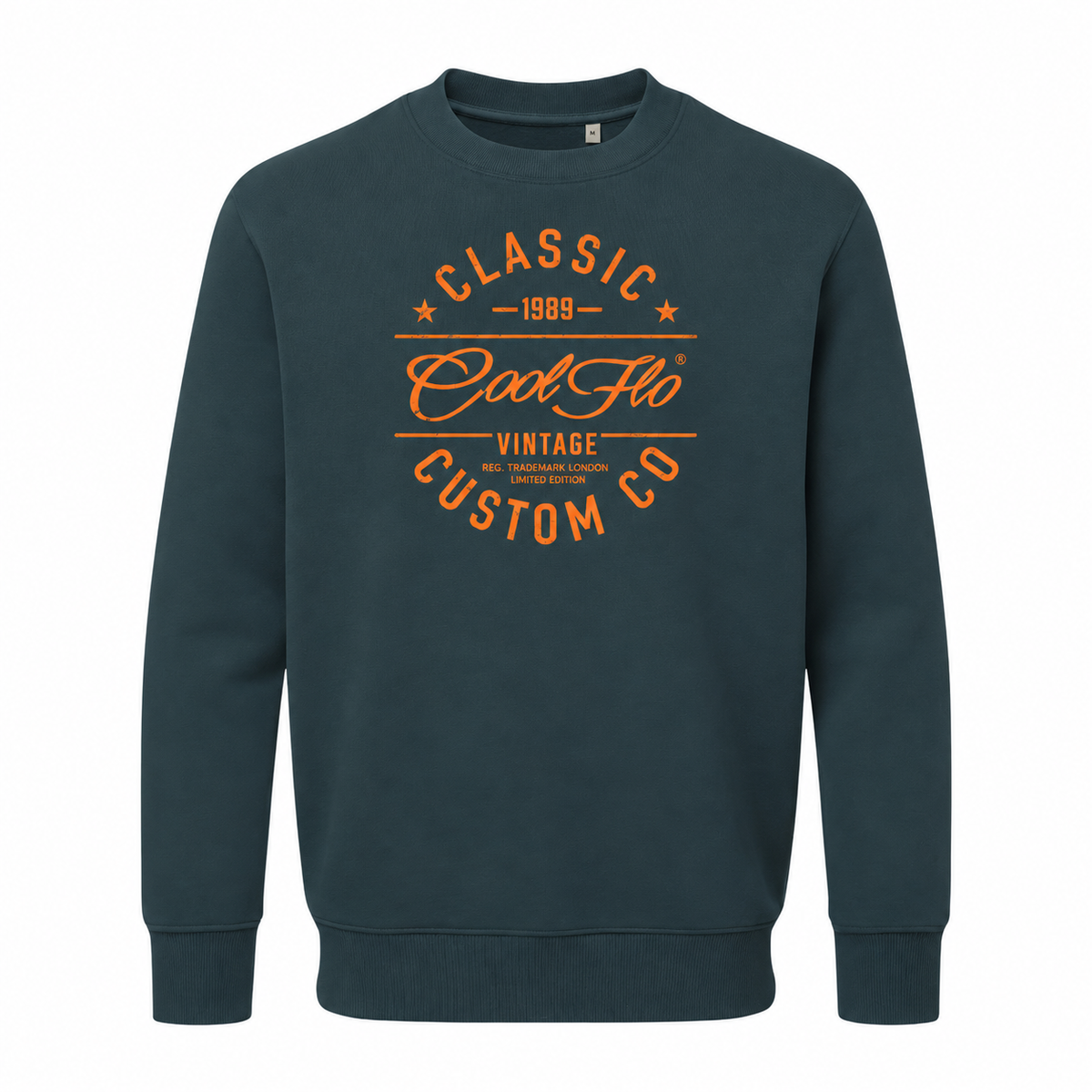 Cool Flo Classic Custom Co DEEP TEAL sweatshirt with bold orange print design.