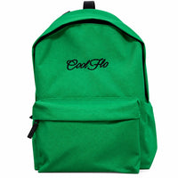 A bright green canvas backpack with a front zippered pocket and black embroidered 'CoolFlo' logo on the front, shown against a plain white background.