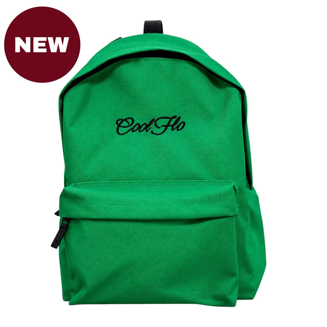 A bright green canvas backpack with a front zippered pocket and black embroidered 'CoolFlo' logo on the front, shown on a white background with a red 'NEW' badge in the top-left corner.