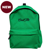 A bright green canvas backpack with a front zippered pocket and black embroidered 'CoolFlo' logo on the front, shown on a white background with a red 'NEW' badge in the top-left corner.