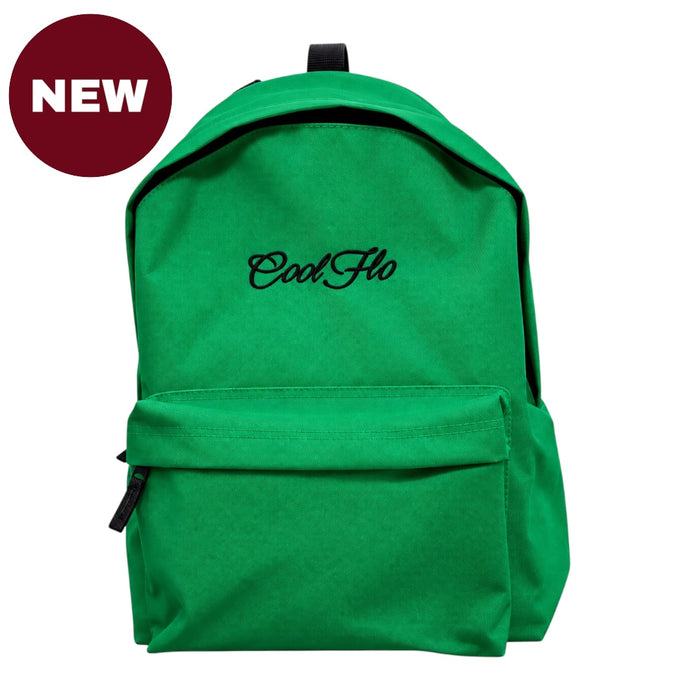 A bright green canvas backpack with a front zippered pocket and black embroidered 'CoolFlo' logo on the front, shown on a white background with a red 'NEW' badge in the top-left corner.