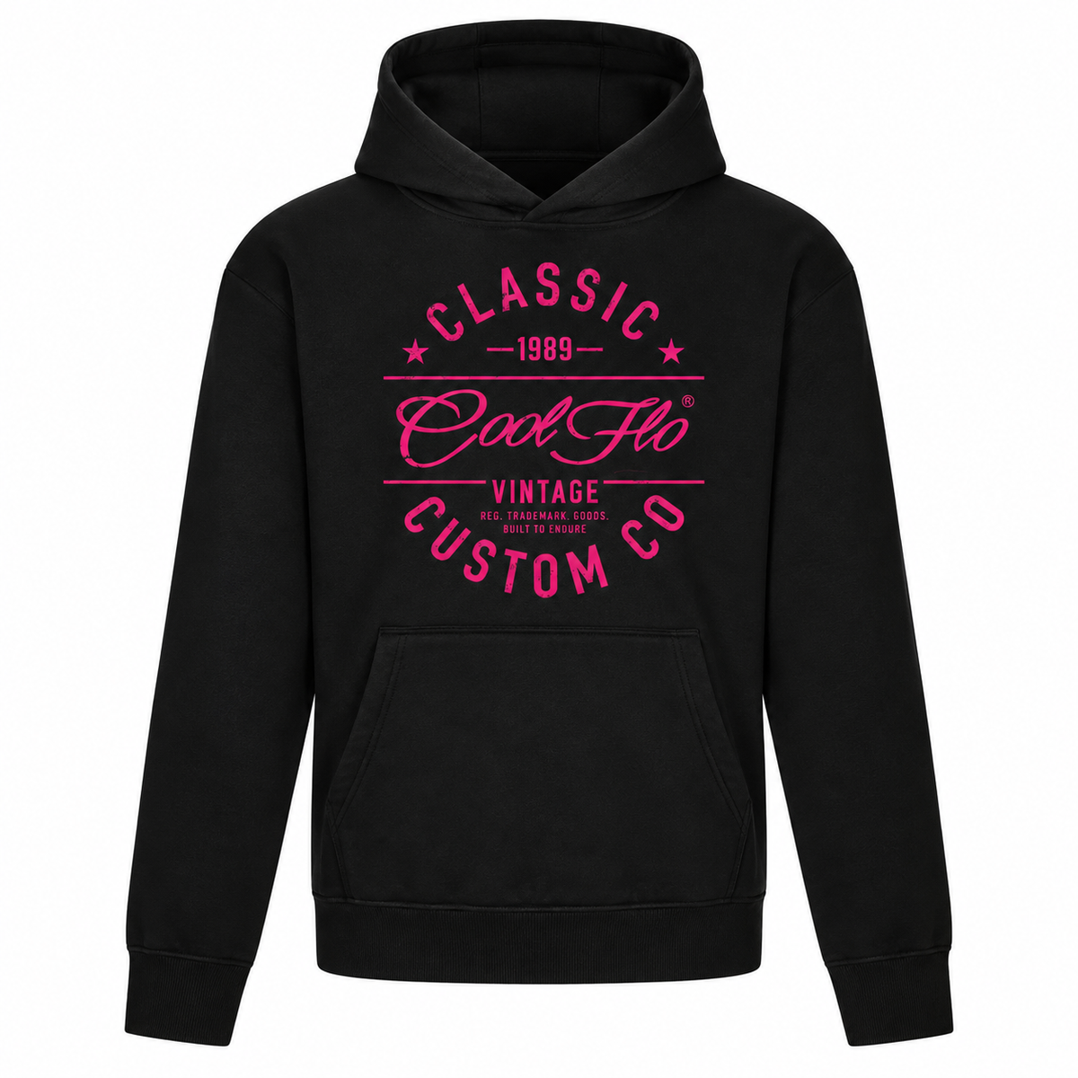 Cool Flo Classic Custom Co black hoody with bold white fuschia pink graphic design. 
