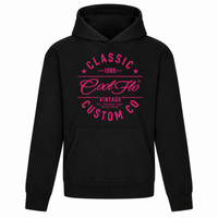 Cool Flo Classic Custom Co black hoody with bold white fuschia pink graphic design. 