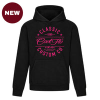 Cool Flo Classic Custom Co black hoody with bold white fuschia pink graphic design. A deep red 'NEW' in the top left hand corner of the image.