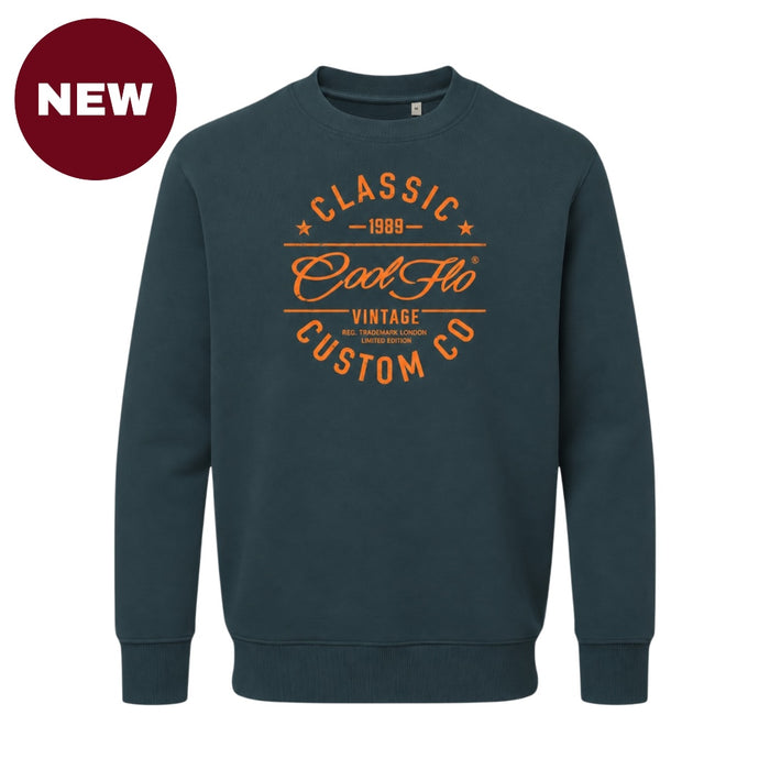 'NEW' Cool Flo Classic Custom Co DEEP TEAL sweatshirt with bold orange print design.