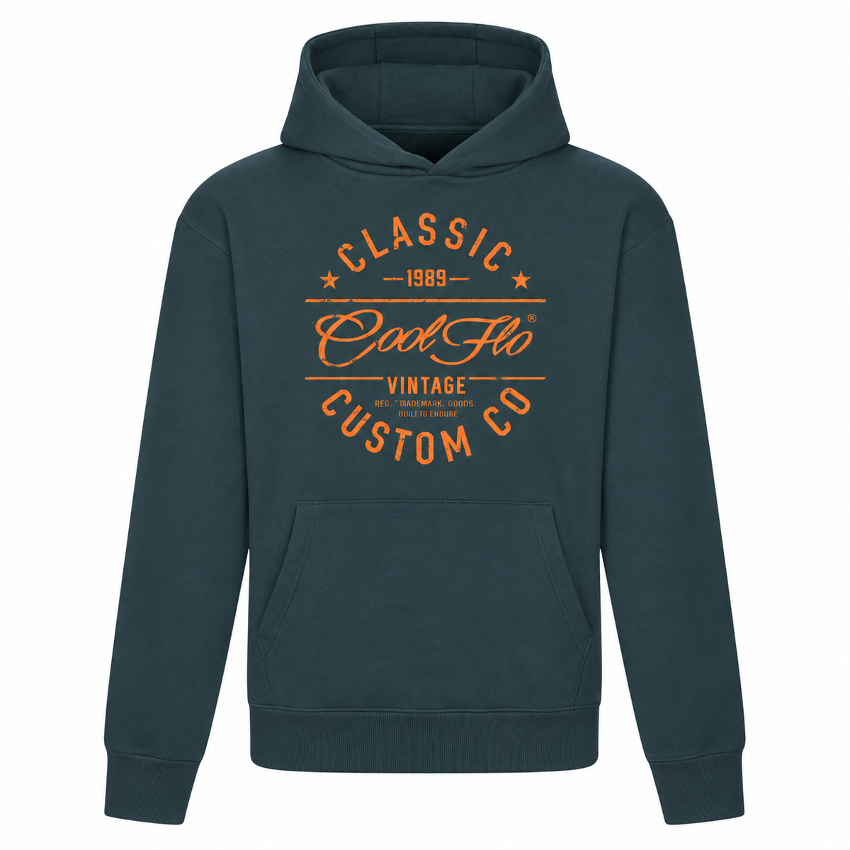 Cool Flo Classic Custom Co teal hoody with bold white orange graphic design. 