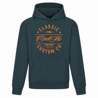 Cool Flo Classic Custom Co teal hoody with bold white orange graphic design. 