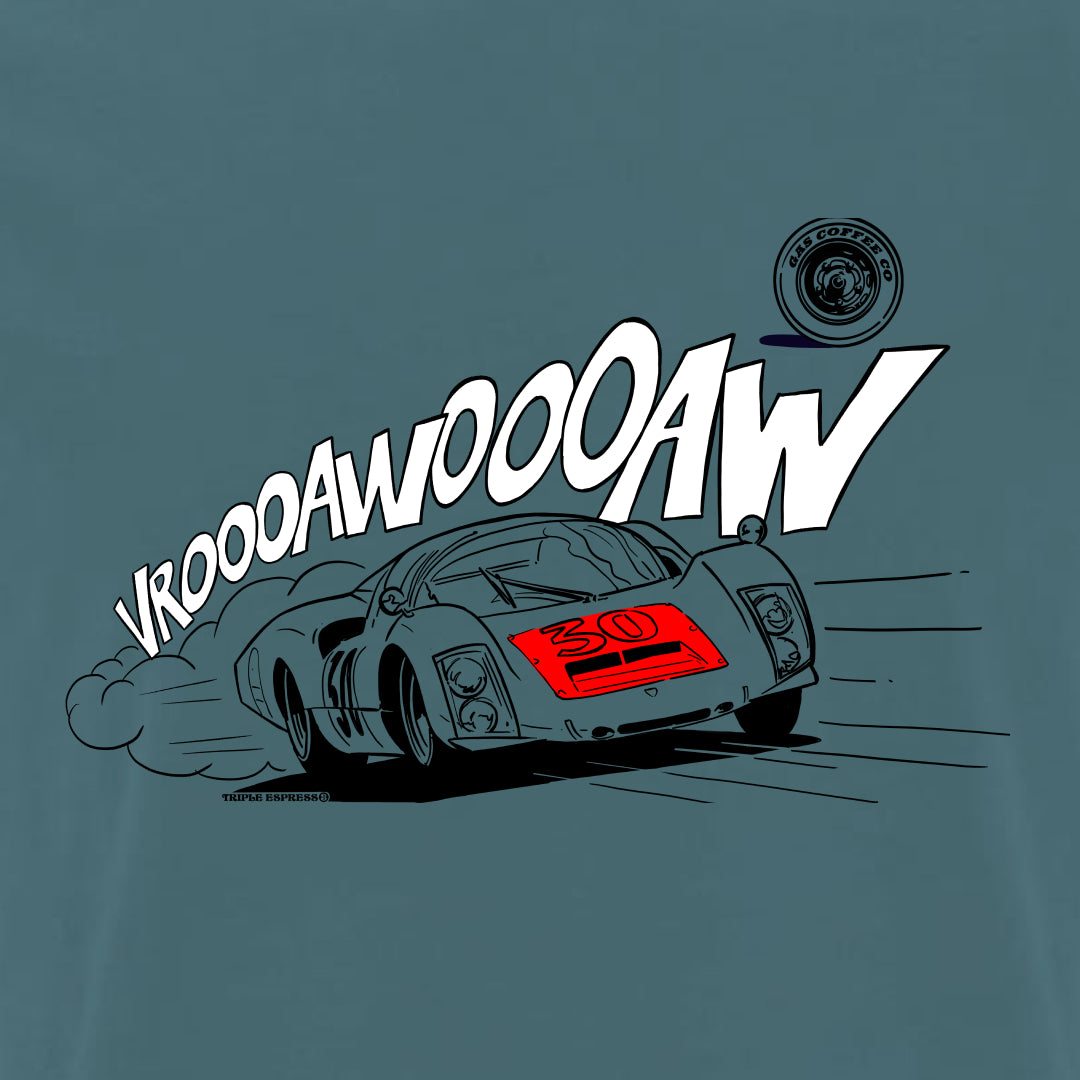 Close-up of design - Gas Coffee- Cool Flo - Dusk blue Porsche 906 t-shirt