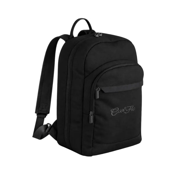 A black airside underseat backpack with a front zippered pocket featuring the embroidered  'Cool Flo' script logo. The backpack is shown from a three-quarter angle on a white background. 