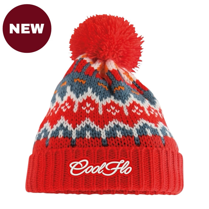 A red knit pom-pom beanie with a Fair Isle pattern in red, blue, and white, featuring the brand name 'CoolFlo' embroidered on the front cuff. A dark red 'NEW' badge is in the top-left corner.