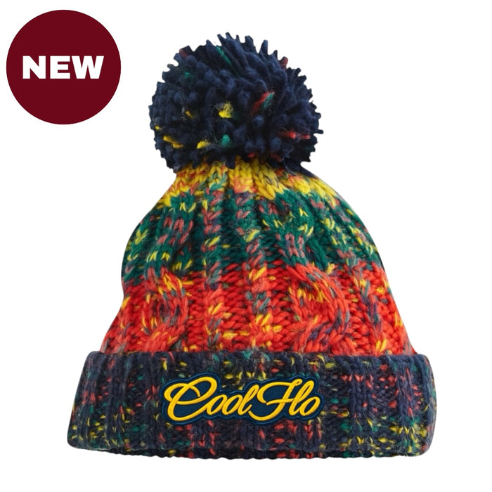 A multicolor knit pom-pom beanie hat with horizontal stripes of navy, green, red, orange, and yellow, featuring a navy cuff with 'Cool Ho' embroidered in yellow script.