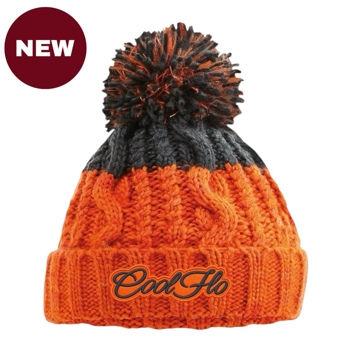 An orange and grey cable-knit pom-pom beanie with 'Cool Ho' embroidered on the front cuff, shown on a white background with a 'NEW' badge in the top-left corner.