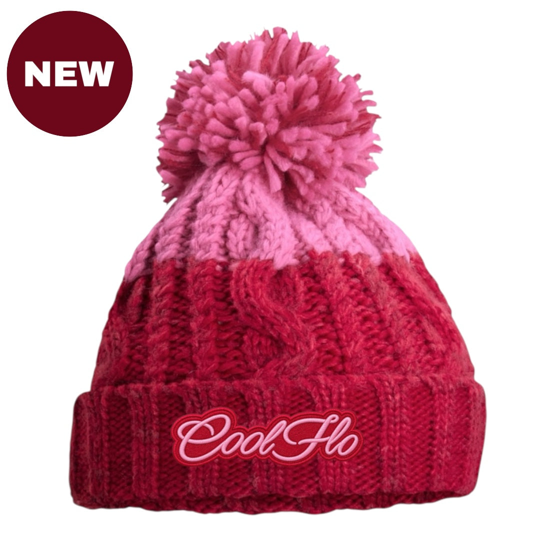 A pink and red gradient cable-knit pom-pom beanie with 'Cool Ho' embroidered on the front cuff, shown on a white background with a 'NEW' badge in the top-left corner.