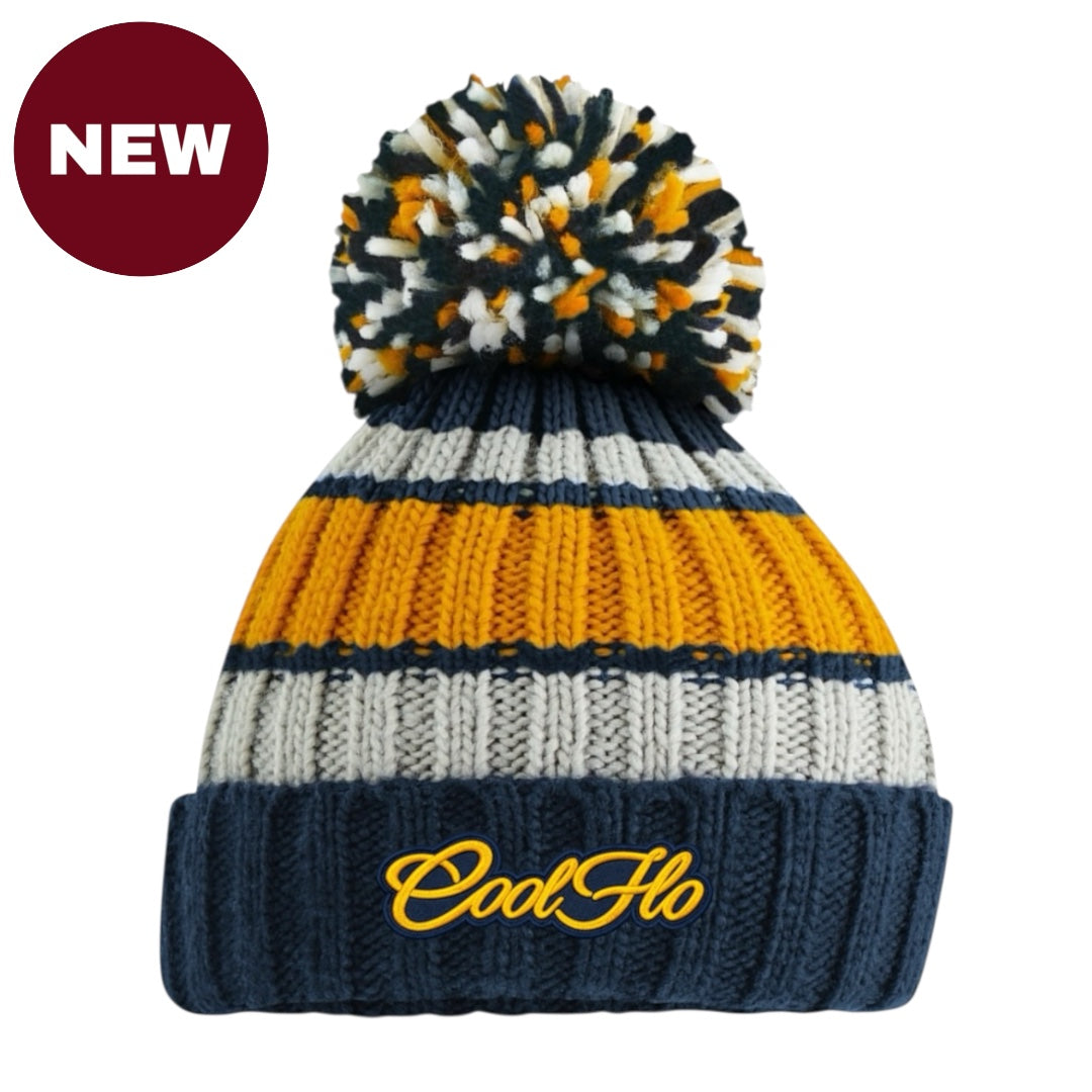 Chunky-knit bobble hat with script logo and large pom pom. Dark blue, grey and yellow.