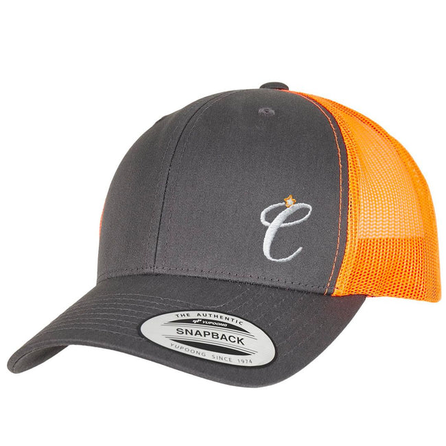 Clockwork Orange charcoal/neon orange trucker cap with embroidered Clockwork Orange logo