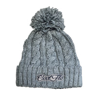 Cool Flo Cable Knit Bobble Hat in Light Grey with light and dark grey Cool Flo embroidered logo on the cuff.