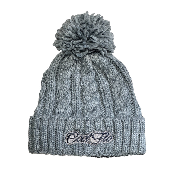 Cool Flo Cable Knit Bobble Hat in Light Grey with light and dark grey Cool Flo embroidered logo on the cuff.