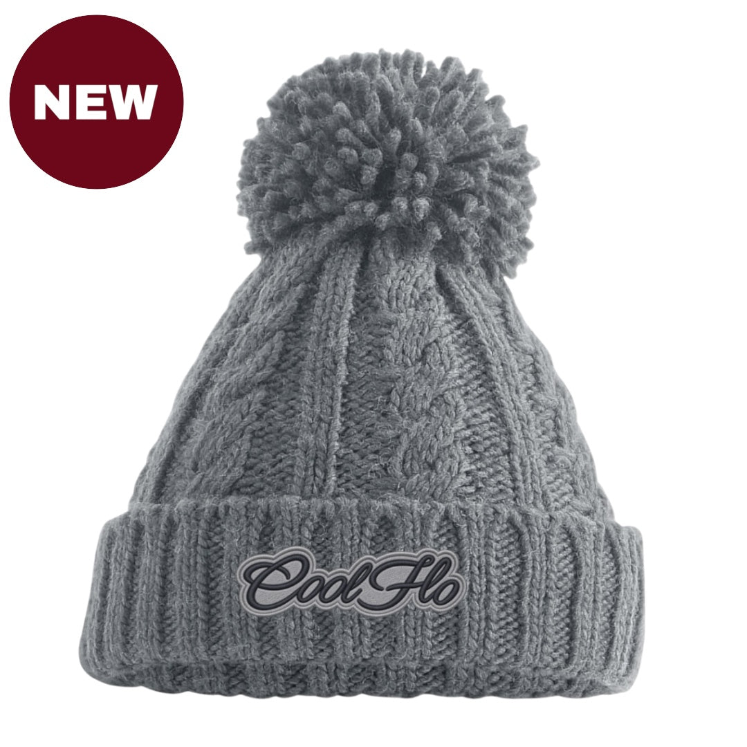 Cool Flo Cable Knit Bobble Hat in Light Grey with light and dark grey Cool Flo embroidered logo on the cuff.