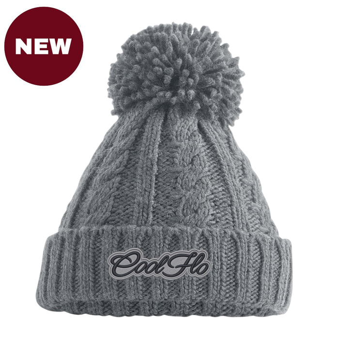Cool Flo Cable Knit Bobble Hat in Light Grey with light and dark grey Cool Flo embroidered logo on the cuff.