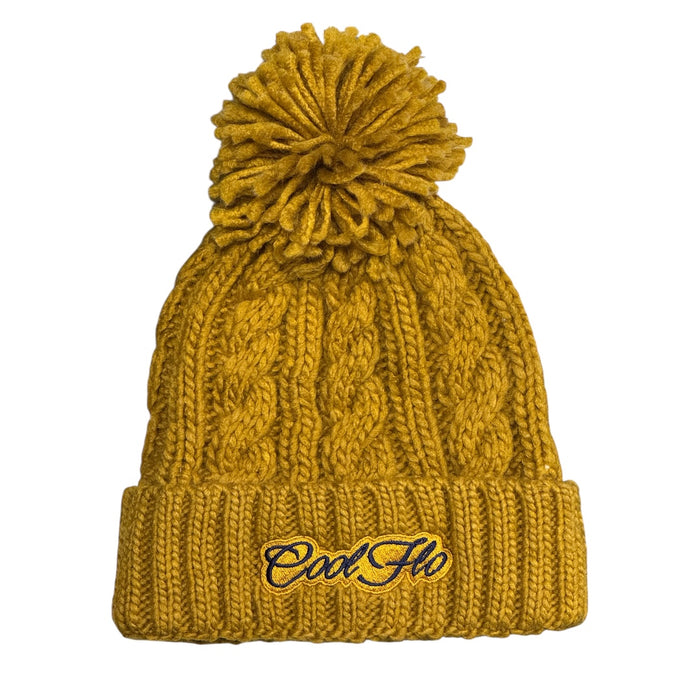 Cool Flo Cable Knit Bobble Hat in Mustard with la mustard and navy Cool Flo embroidered logo on the cuff.