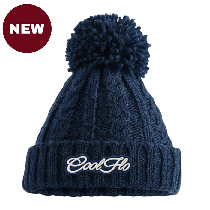 Cable knit beanie with script logo in navy blue.