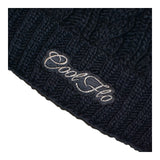 Cable knit beanie with script logo in navy blue.