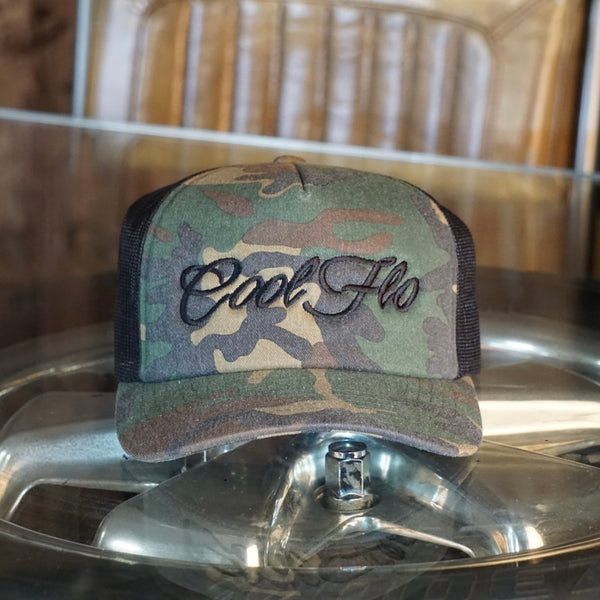 Camo Black Script Trucker Cap - Cool Flo