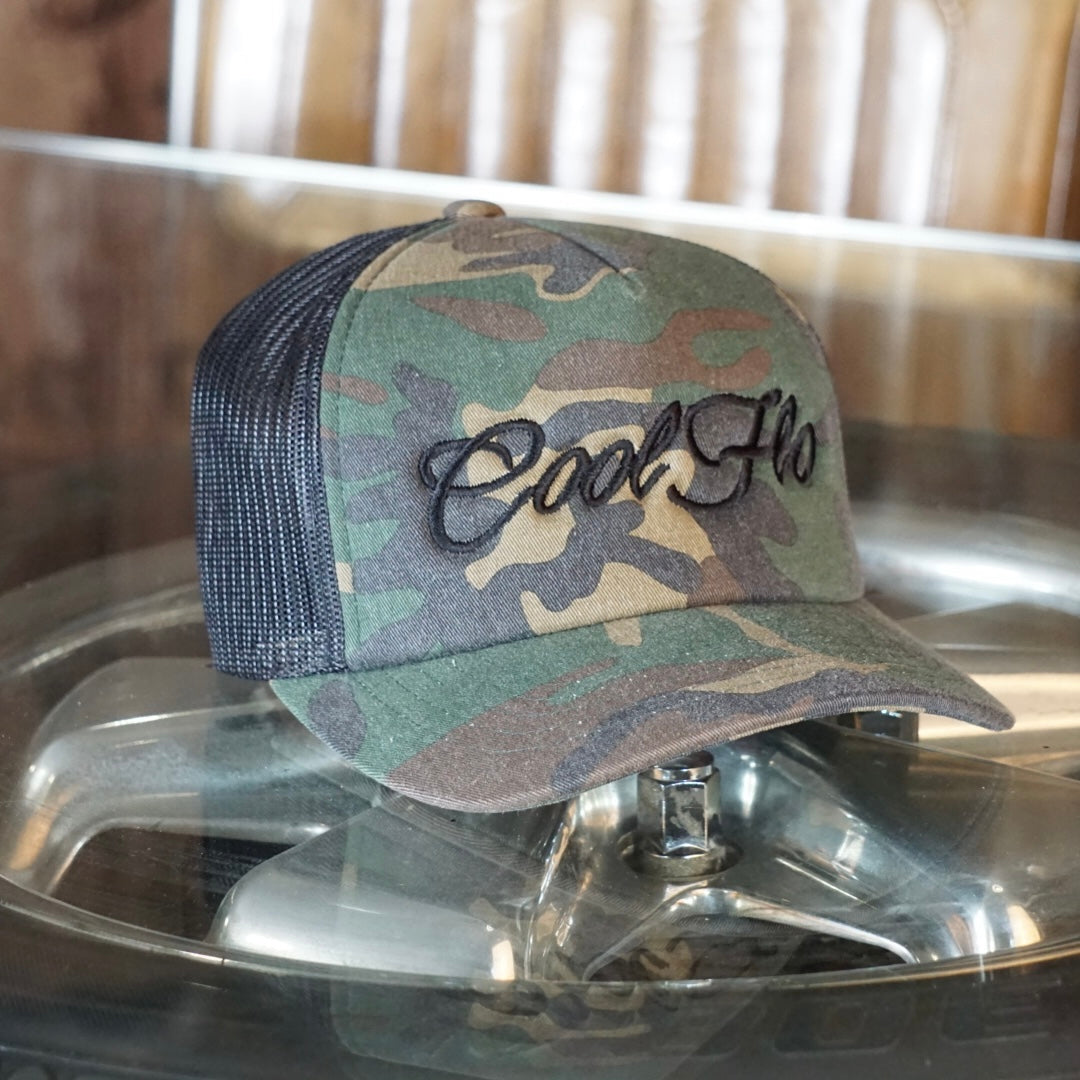 Camo Black Script Trucker Cap - Cool Flo