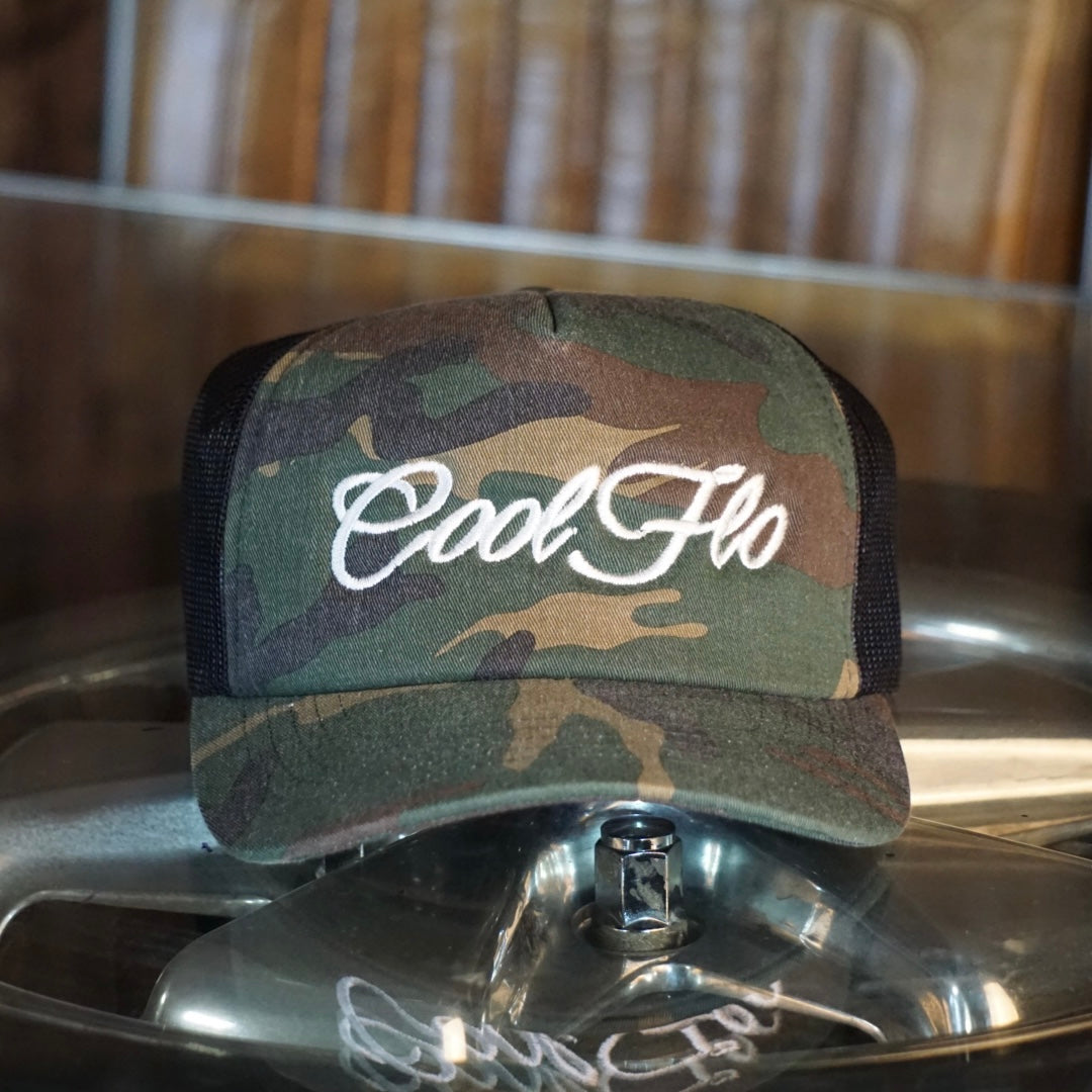 Camo White Script Trucker Cap - Cool Flo