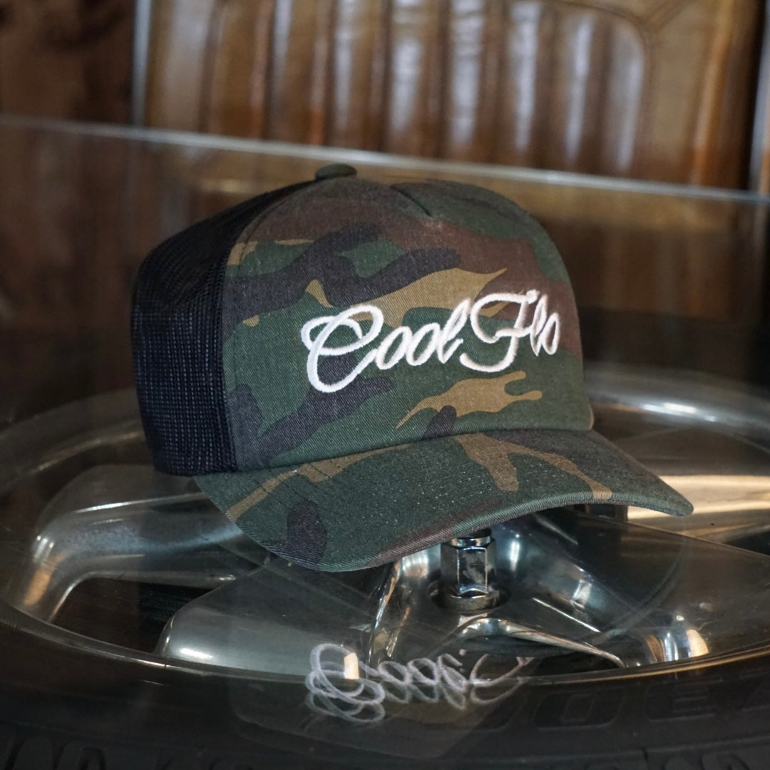 Camo White Script Trucker Cap - Cool Flo