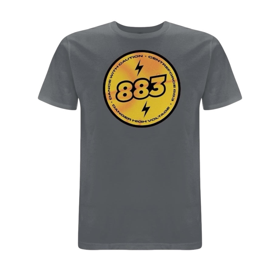 Centreforce radio anthracite grey t-shirt featuring a large yellow and black ‘High Voltage’ logo print on the front.