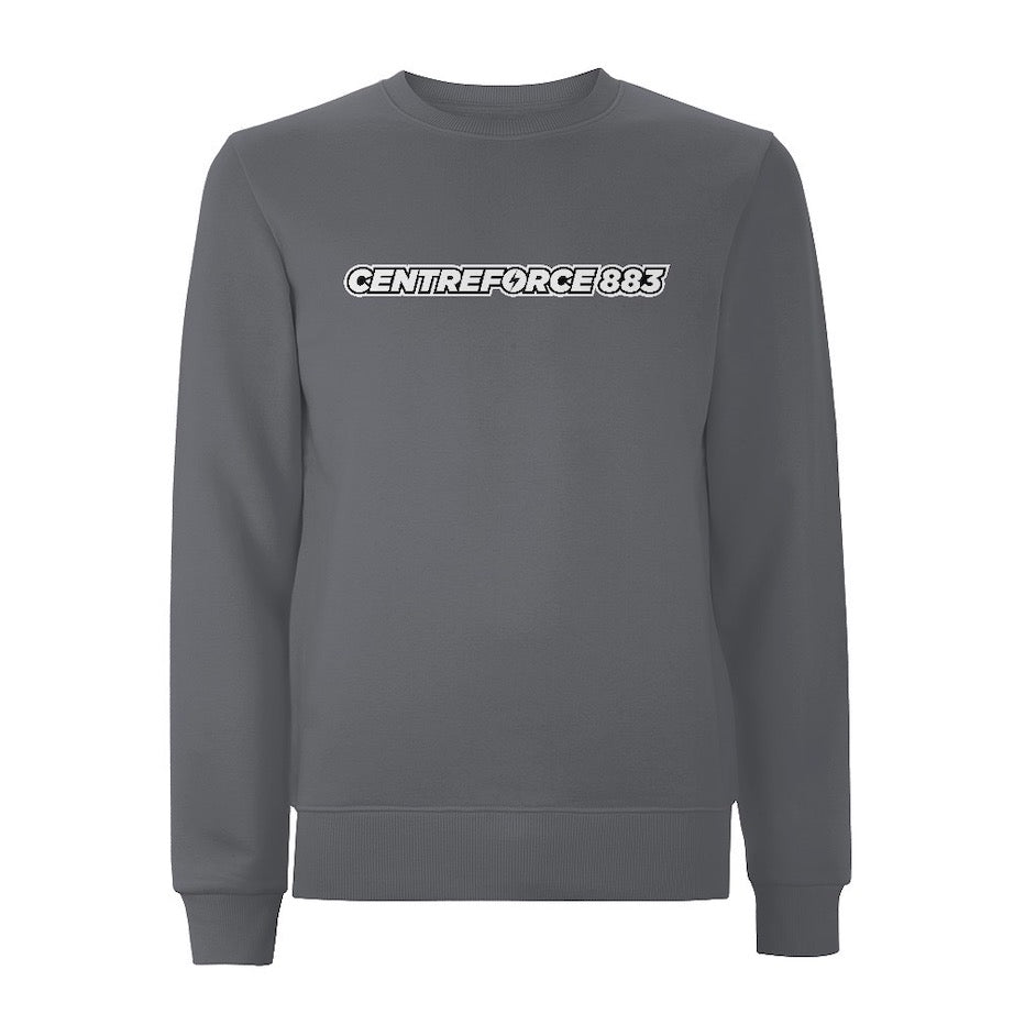 Anthracite grey sweatshirt with the black and white Centreforce 883 radio logo printed on front