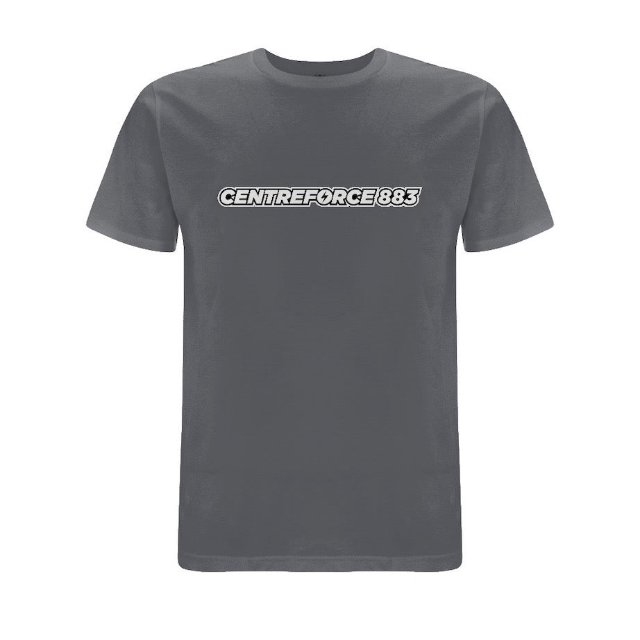 Anthracite grey t-shirt with the black and white Centreforce 883 radio logo printed on front