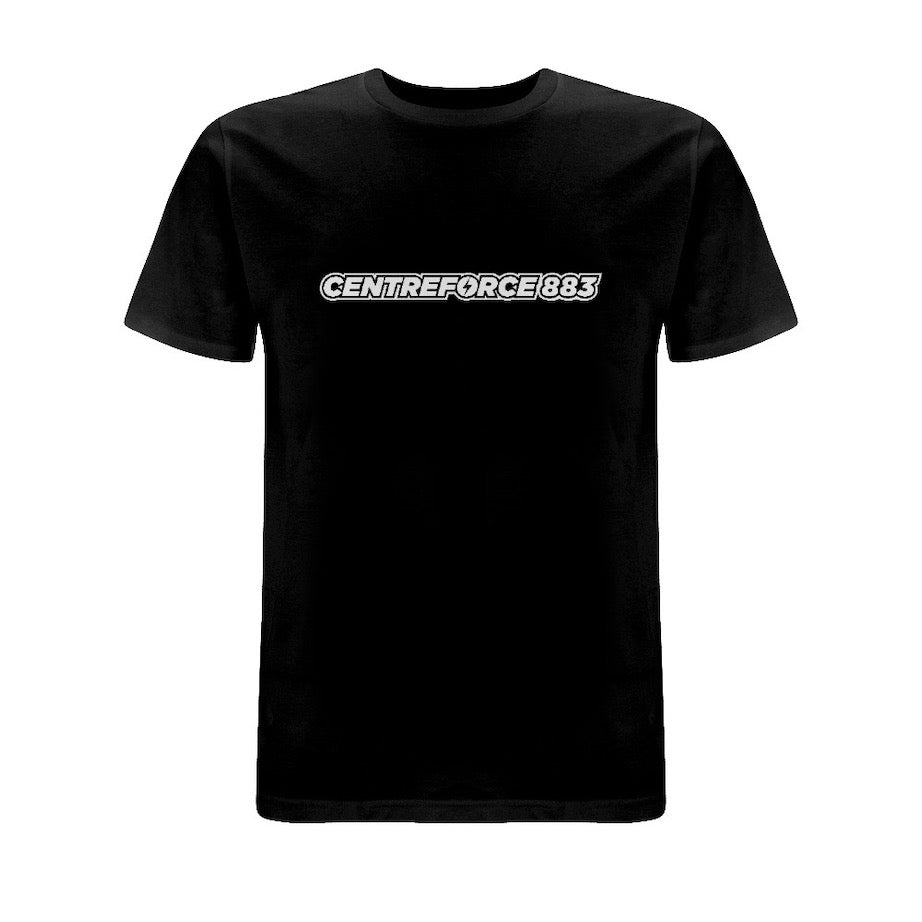 Black t-shirt with the black and white Centreforce 883 radio logo printed on front 