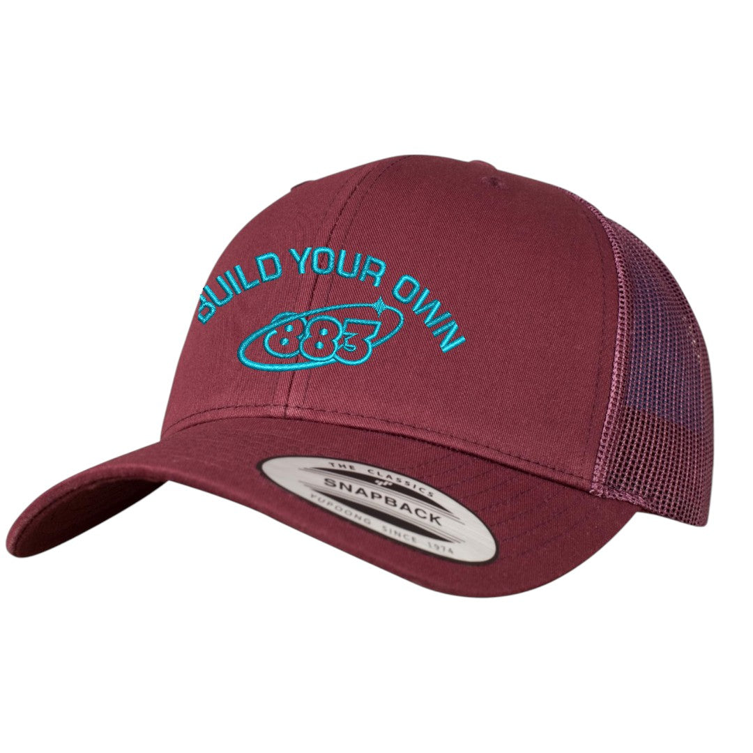 Centreforce 883 custom trucker in maroon with 'build your own' embroidery and 883 Orbit logo in 'West Ham' blue - side view 