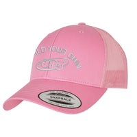 Centreforce 883 custom trucker in pink, with grey 'build your own' embroidery and 883 Orbit logo - side view.