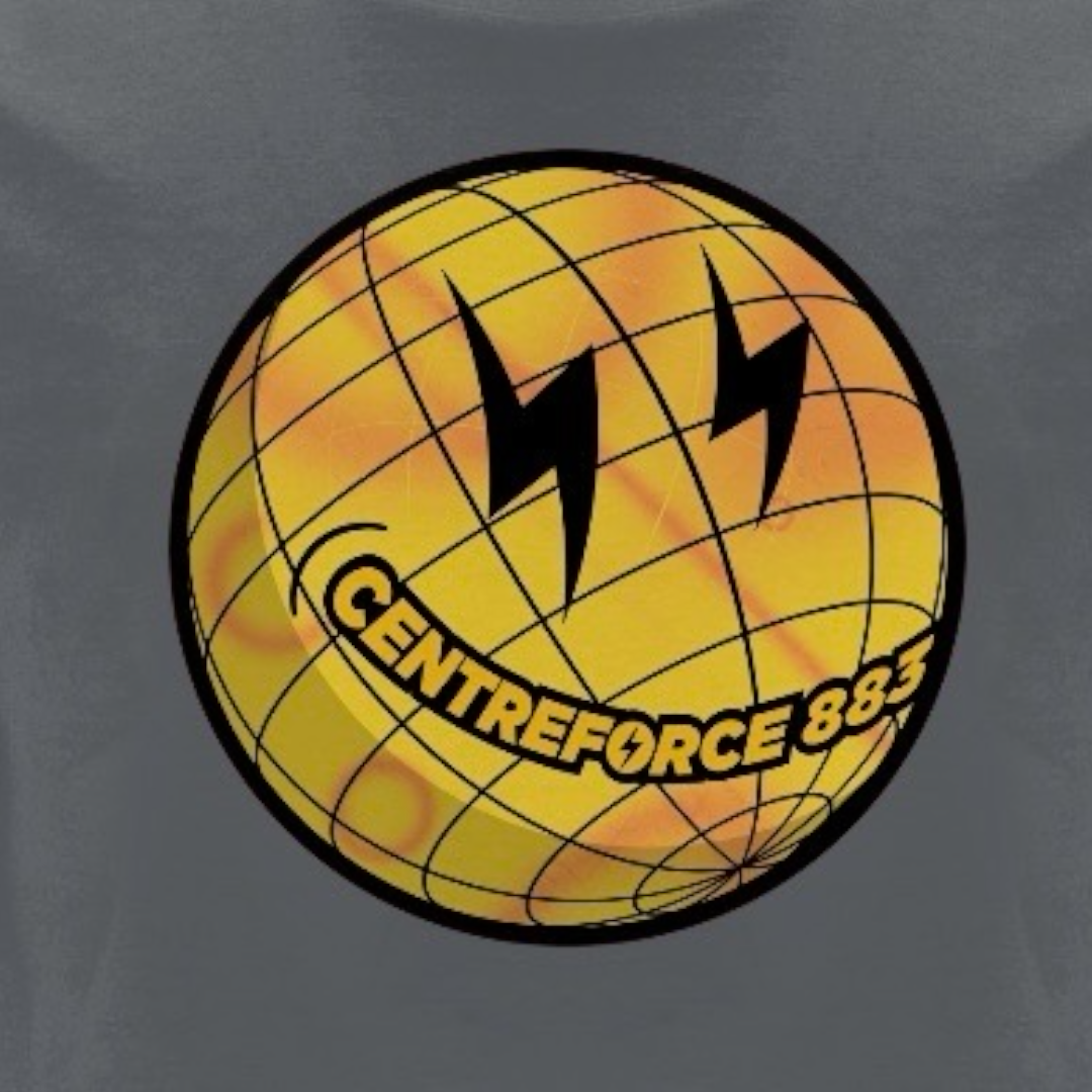 Close-up design image: Anthracite Grey Centreforce Globe T-shirt - featuring large yellow and black 'smiley' globe logo.