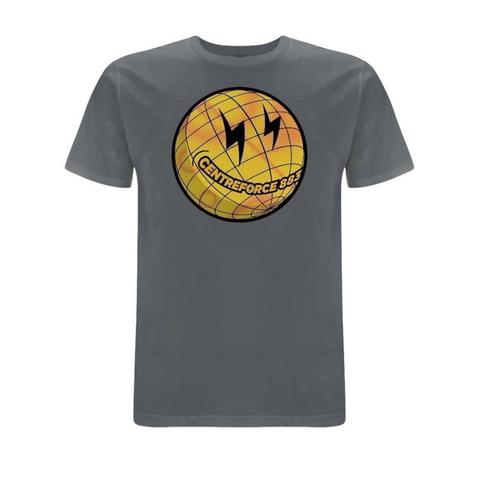 Anthracite Grey Centreforce Globe T-shirt - featuring large yellow and black 'smiley' globe logo.