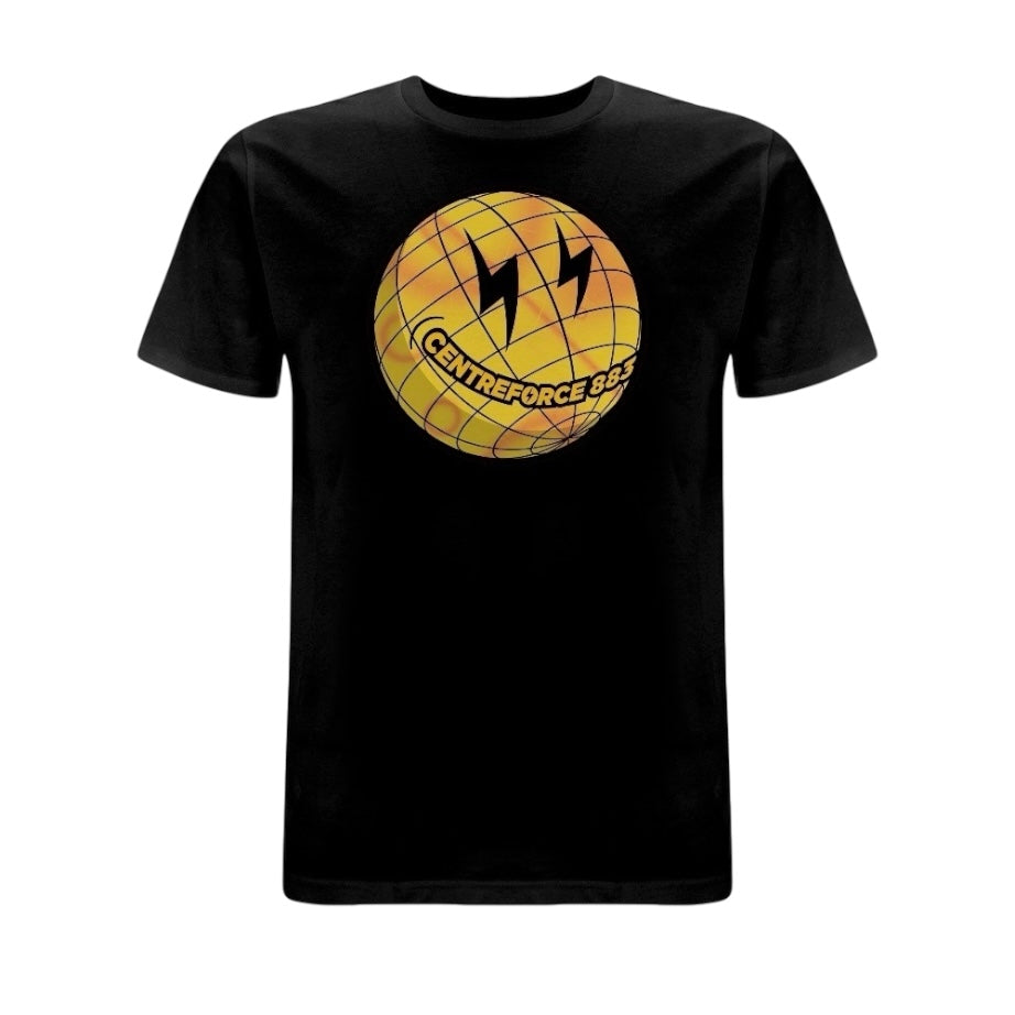 Centreforce radio black t-shirt with large print on front featuring a yellow and black 'Globe' logo with smiley face.