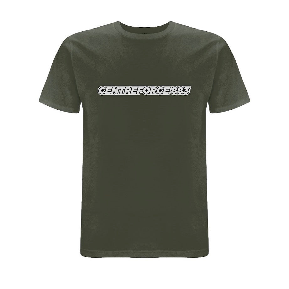 Khaki t-shirt with the black and white Centreforce 883 radio logo printed on front